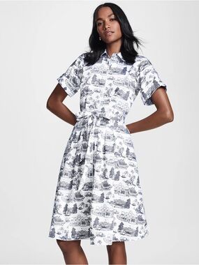 Brooks Brothers RARE Pleated Shirt Dress Toile Navy & White Supima Cotton